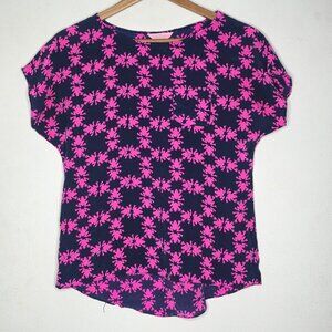 Lilly Pulitzer Shirt Womens Sz XS Navy Frog Print Silk Flutter Sleeve Blouse